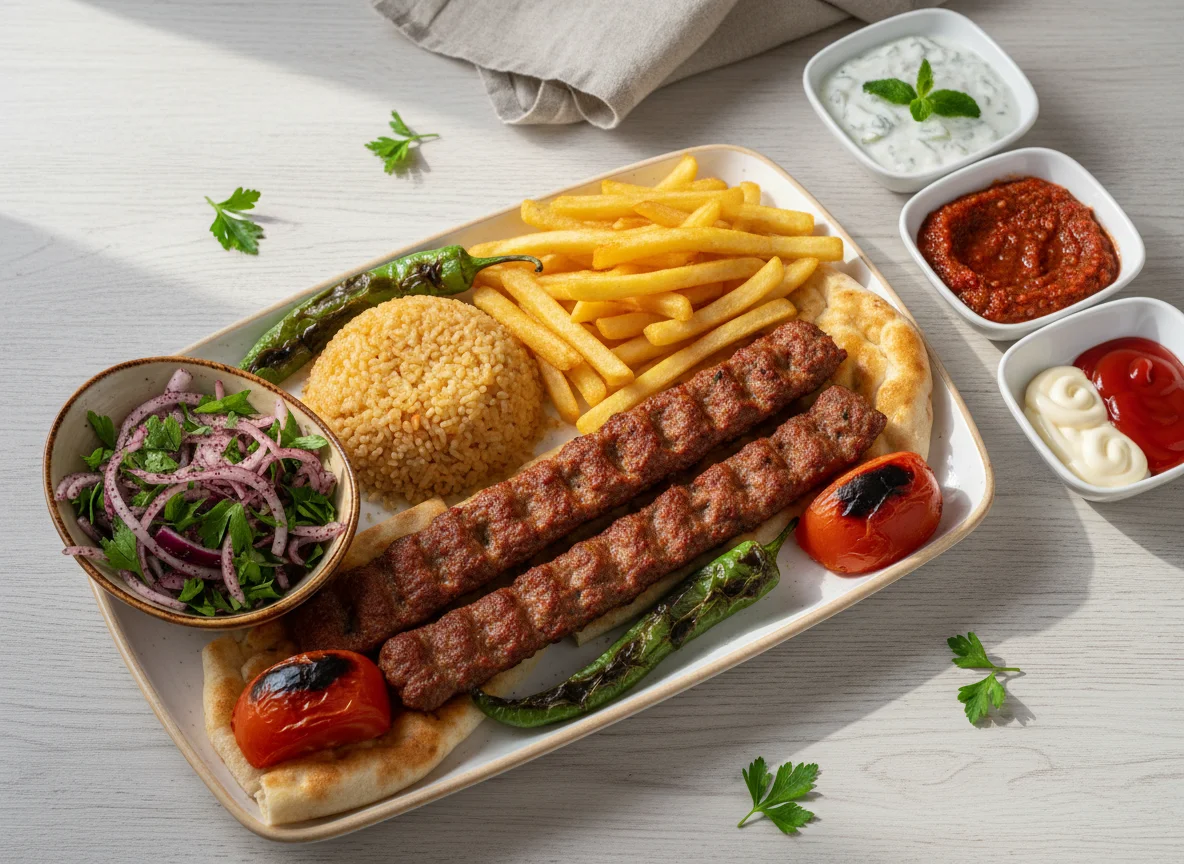 Adana Kebab Teller mit Beilagen photo