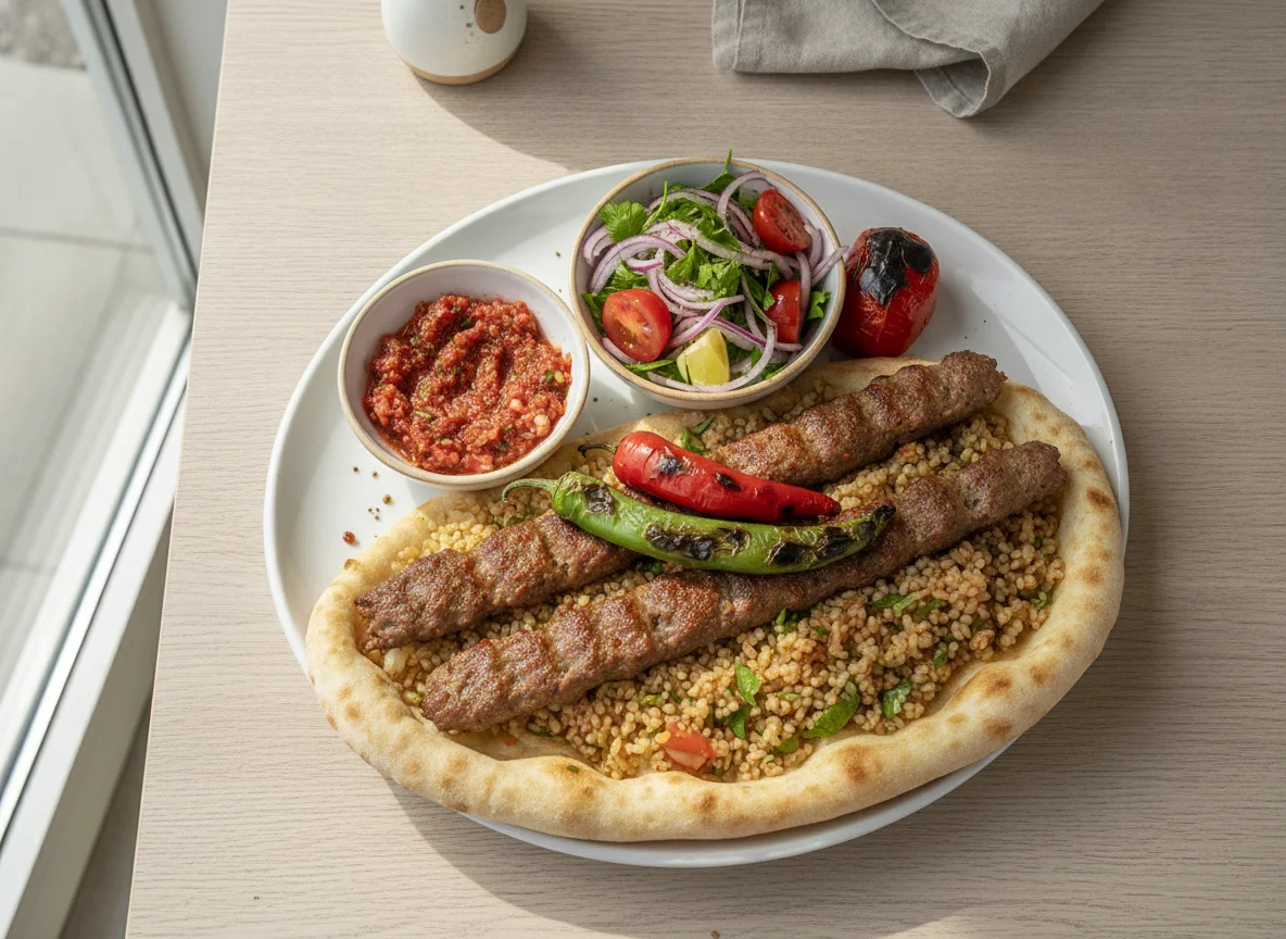 Adana Kebap mit Bulgur und Salat photo