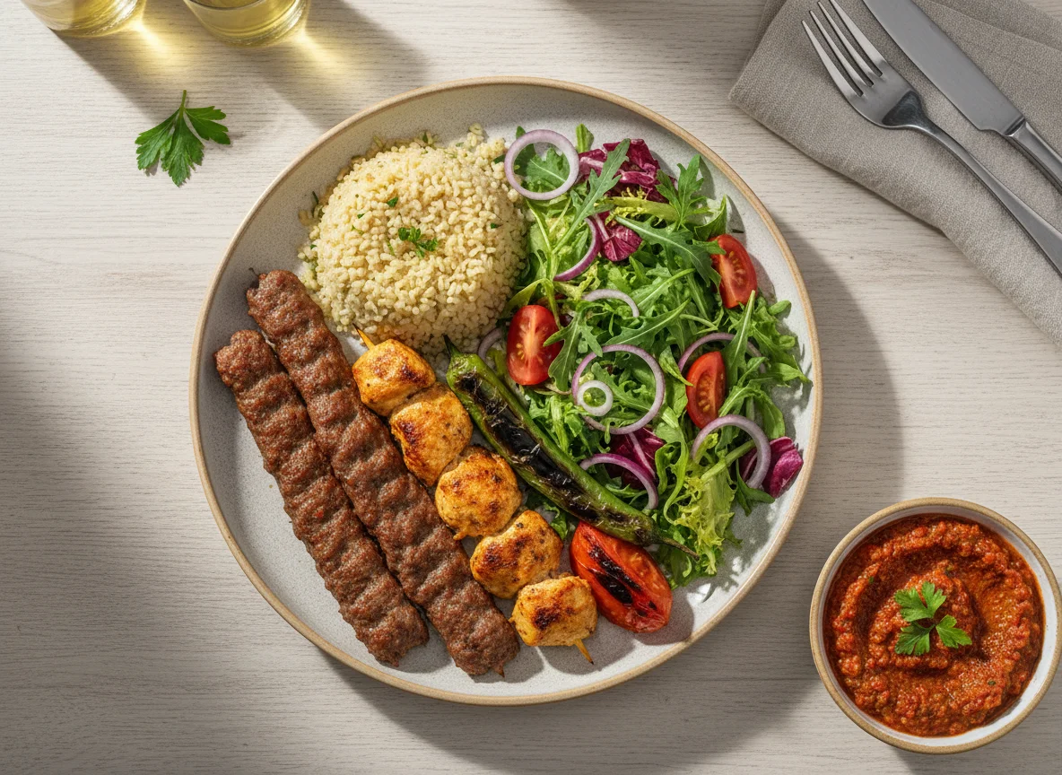 Adana und Hähnchenspieß mit Bulgur und Salat photo