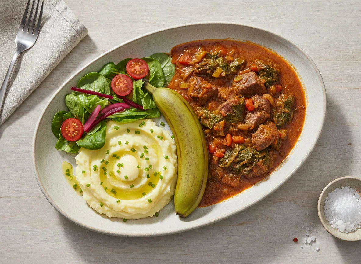 Afrikanisches Gericht mit Kochbanane und Eintopf photo
