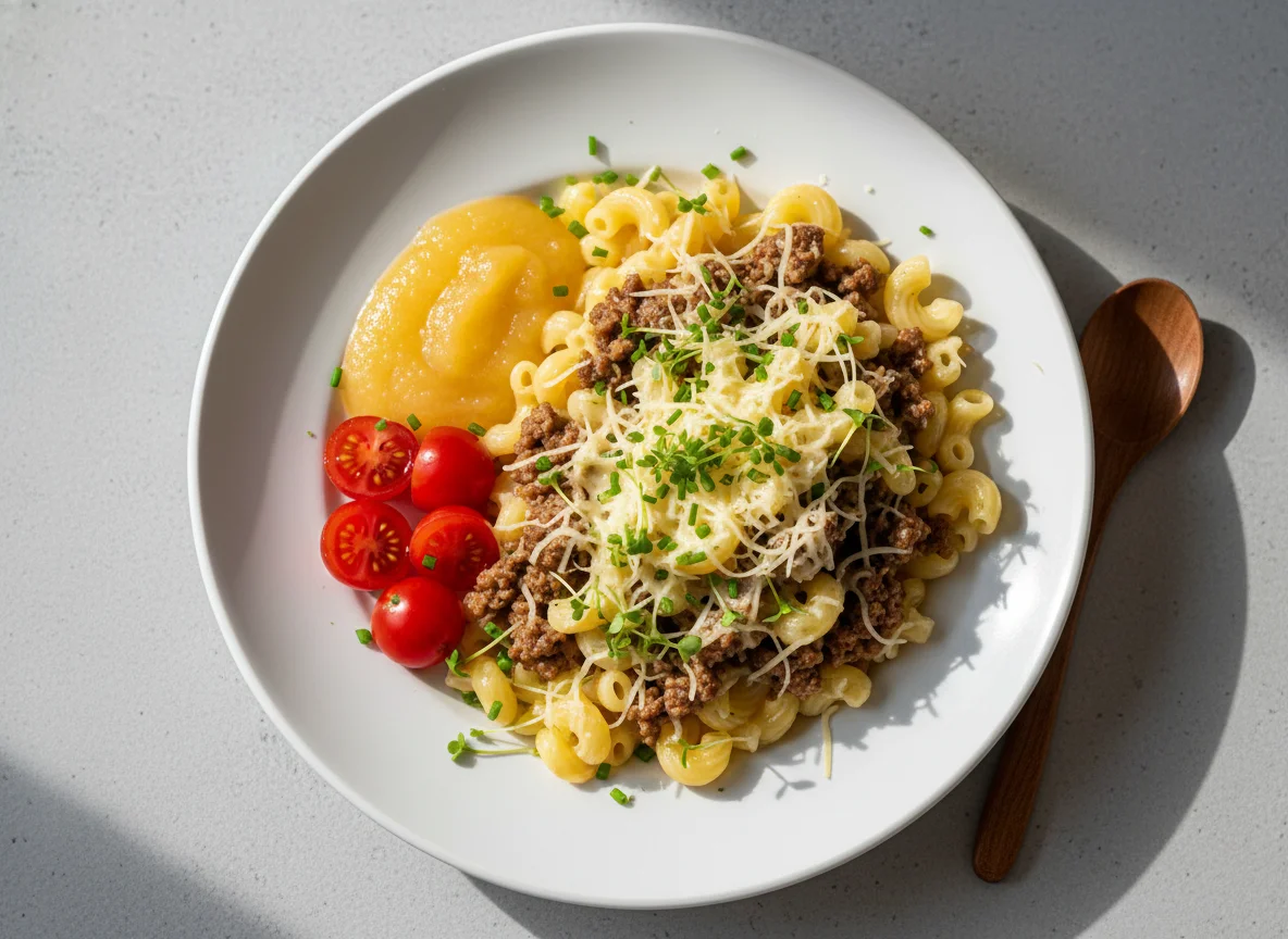Älplermagronen mit Hackfleisch, Apfelmus und Käse photo