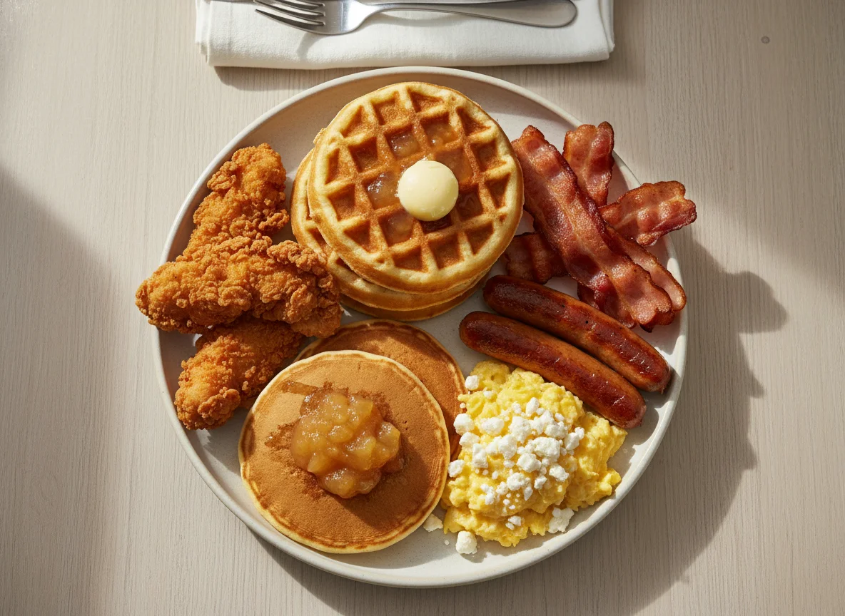 Amerikanisches Frühstück mit Hähnchen und Waffeln photo