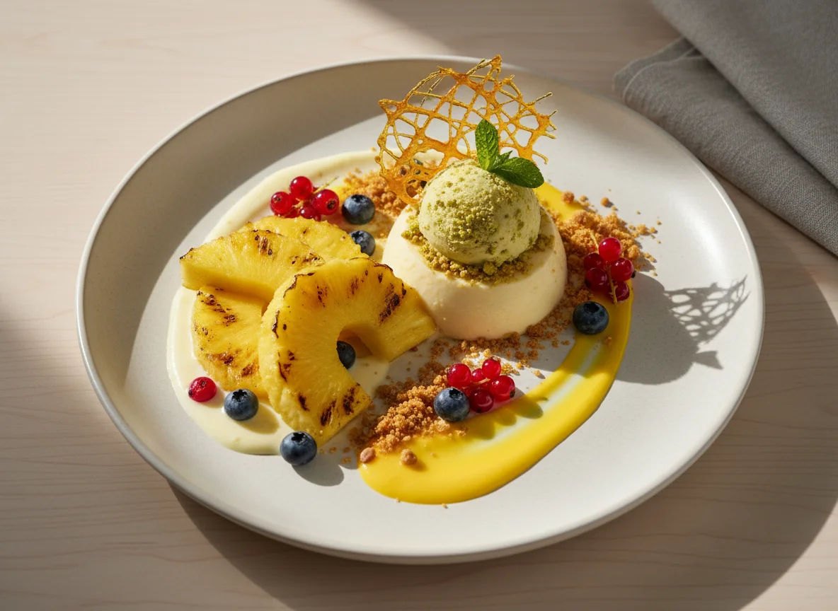 Ananas-Dessert mit Panna Cotta und Eis photo