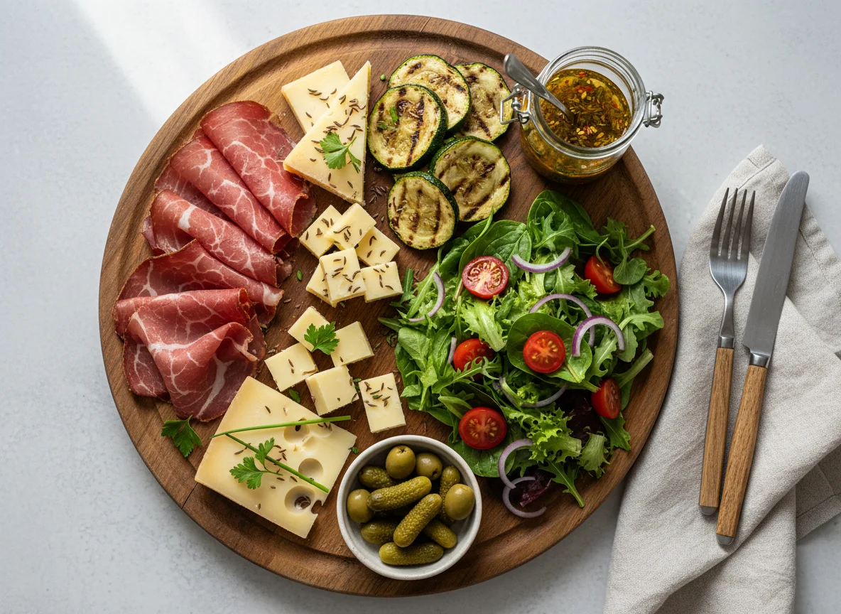 Antipasti-Platte mit Bündnerfleisch und Käse photo