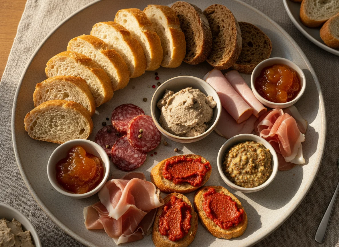 Antipasti-Platte mit verschiedenen Crostini und Aufschnitten photo