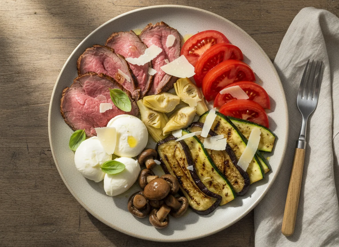 Antipasti-Teller mit Roastbeef und Mozzarella photo