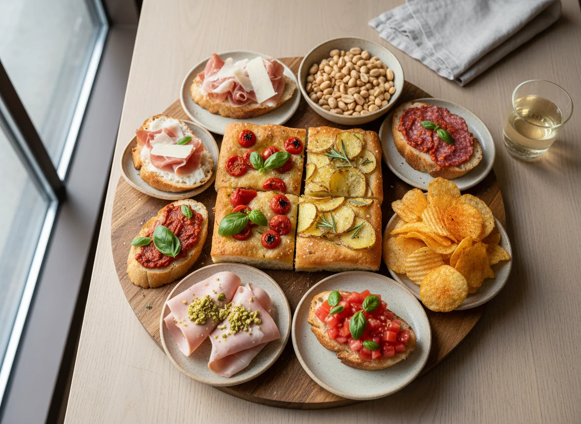 Aperitif-Platte mit Focaccia, Bruschetta, Chips und Erdnüssen photo