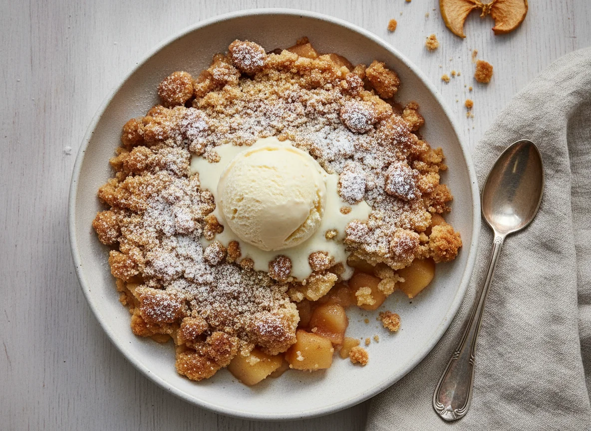 Apfel-Crumble mit Vanilleeis photo