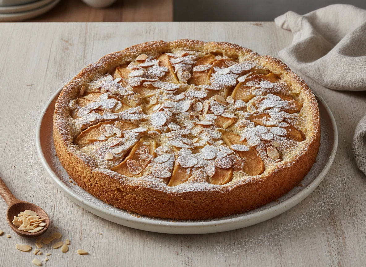 Apfelkuchen mit Mandeln und Puderzucker photo