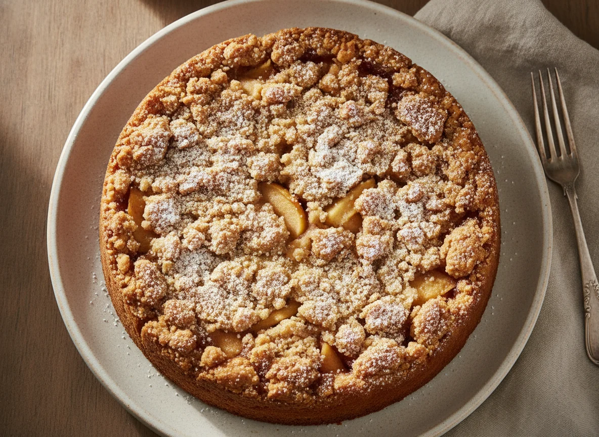 Apfelkuchen mit Streuseln und Puderzucker photo
