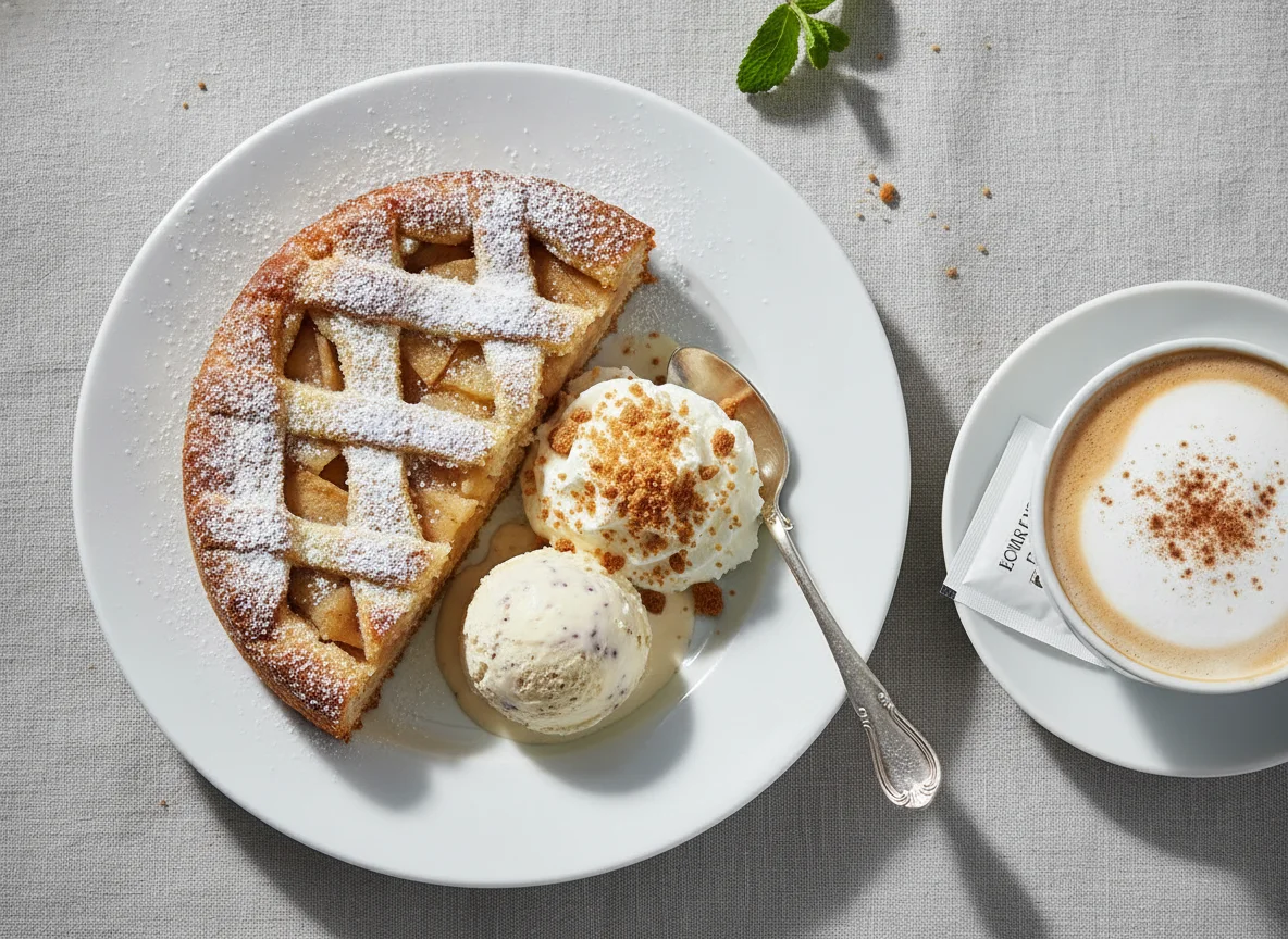 Apfelkuchen mit Vanilleeis und Kaffee photo