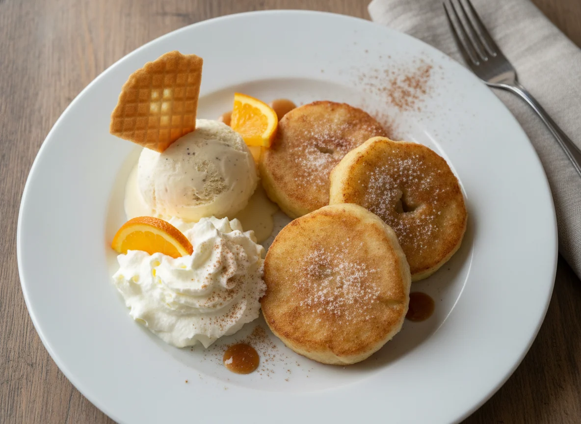 Apfelküchle mit Vanilleeis und Sahne photo