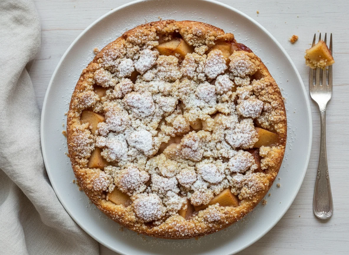 Apfel-Streuselkuchen mit Puderzucker photo