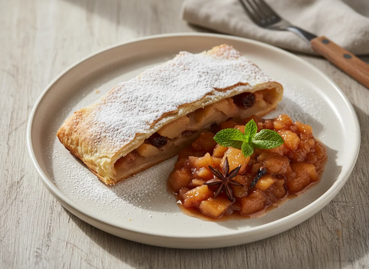 Apfelstrudel mit Apfelkompott photo