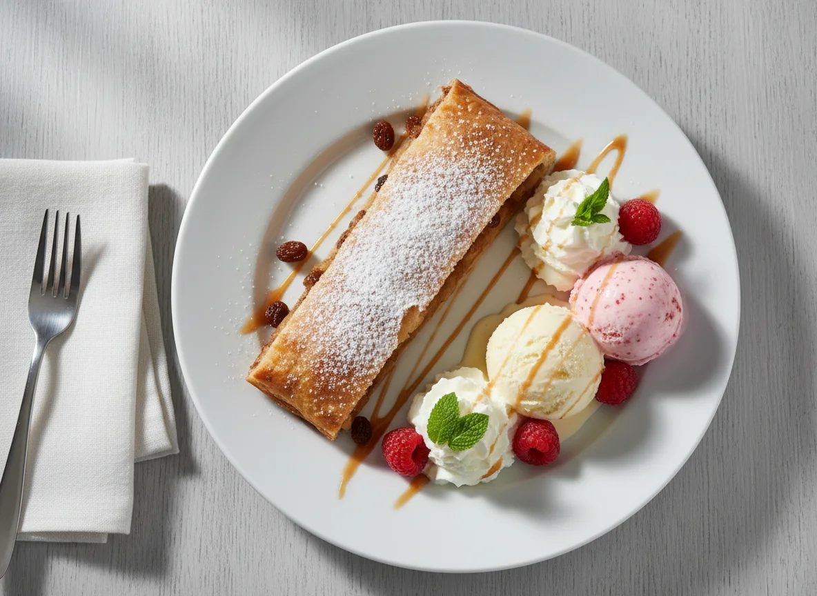 Apfelstrudel mit Glace und Rahm photo