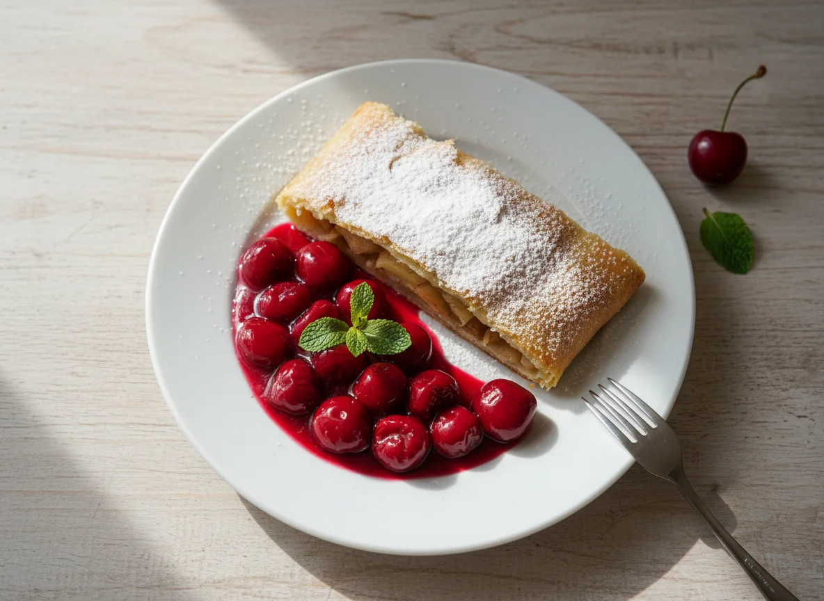 Apfelstrudel mit Kirschsauce photo