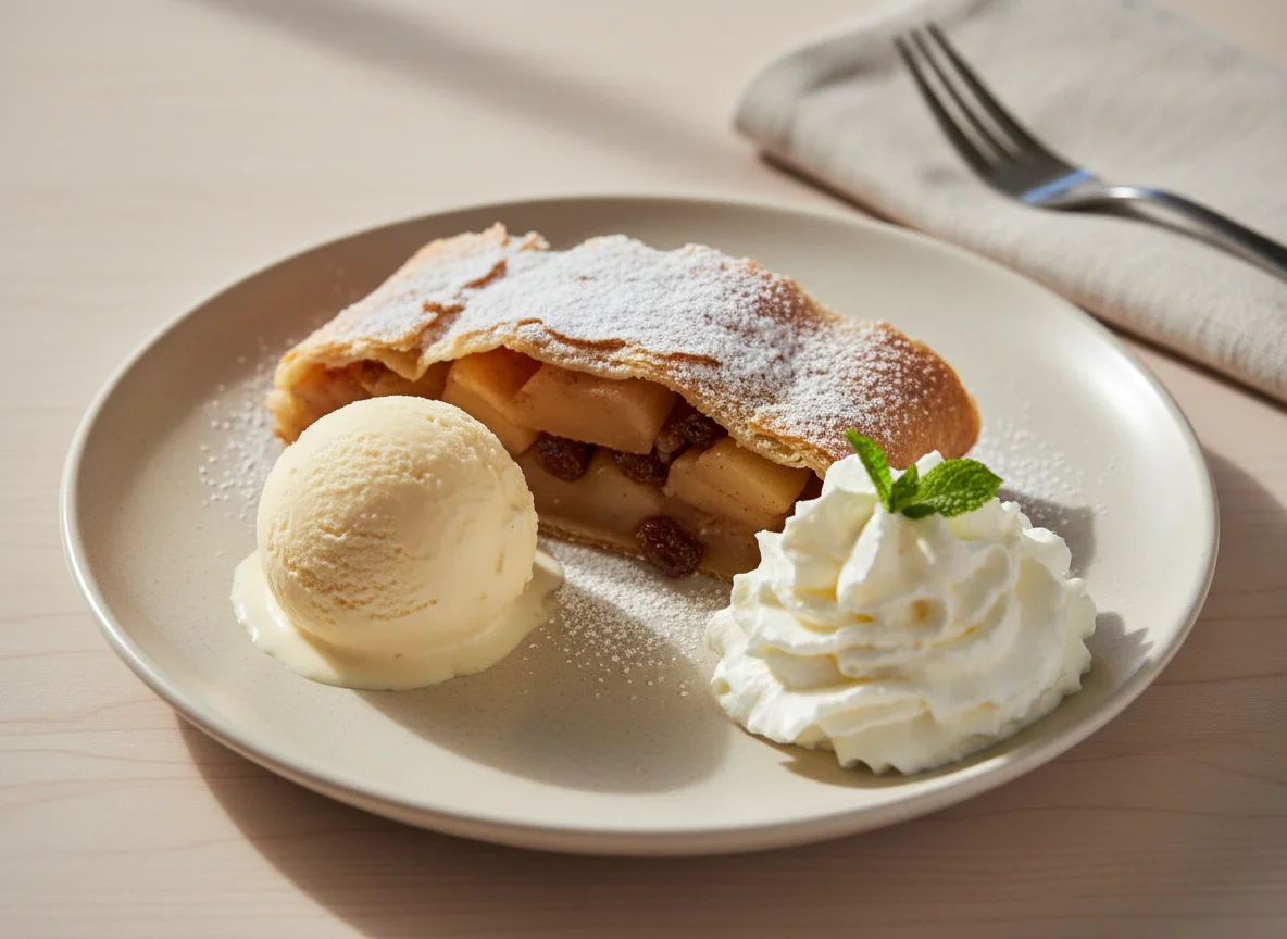Apfelstrudel mit Vanilleeis und Sahne photo