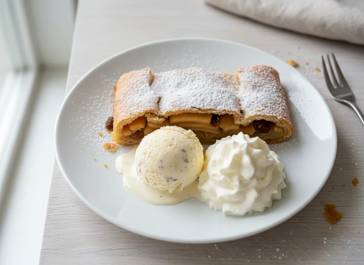 Apfelstrudel mit Vanilleeis und Schlagsahne photo