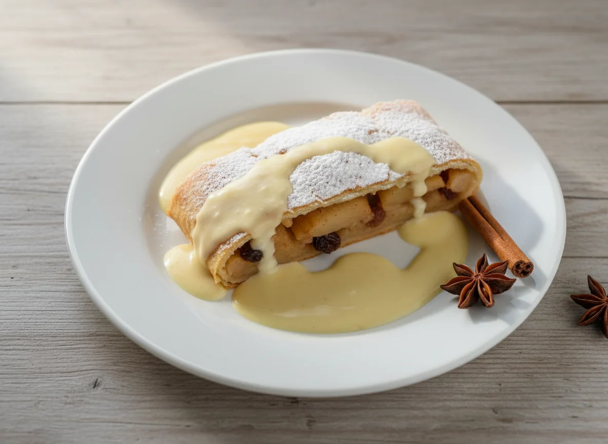 Apfelstrudel mit Vanillesauce photo