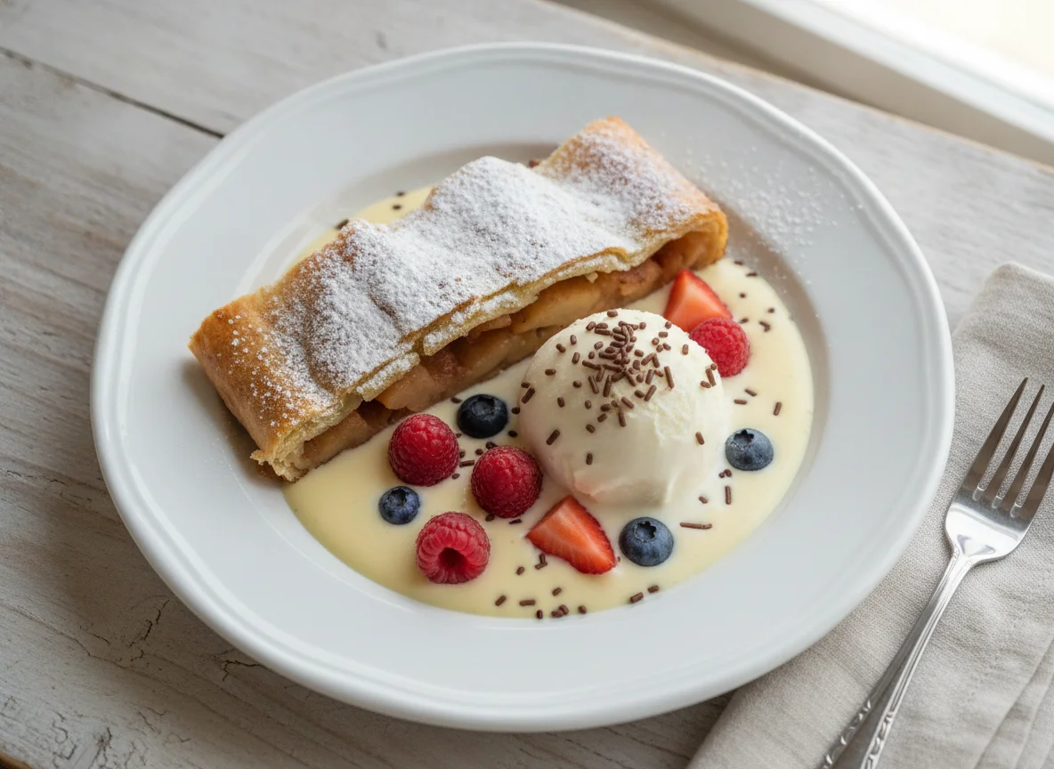 Apfelstrudel mit Vanillesauce und Eis photo