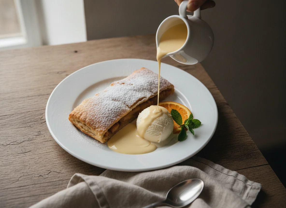 Apfelstrudel mit Vanillesauce und Vanilleeis photo
