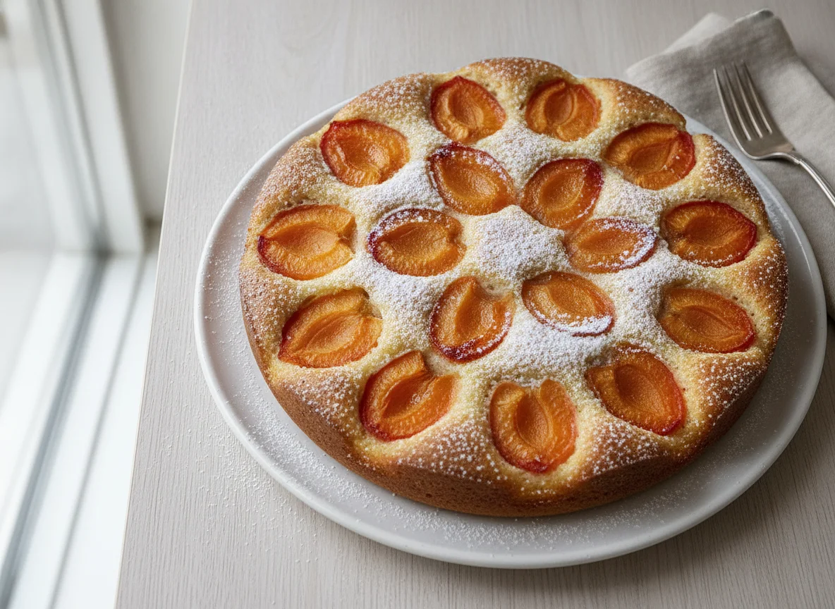 Aprikosenkuchen mit Puderzucker photo