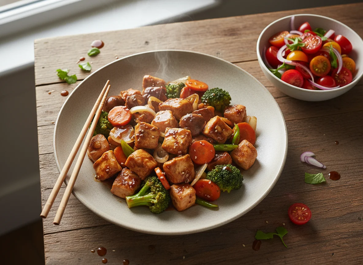 Asiatisch Hähnchenpfanne mit Gemüse und Tomatensalat photo