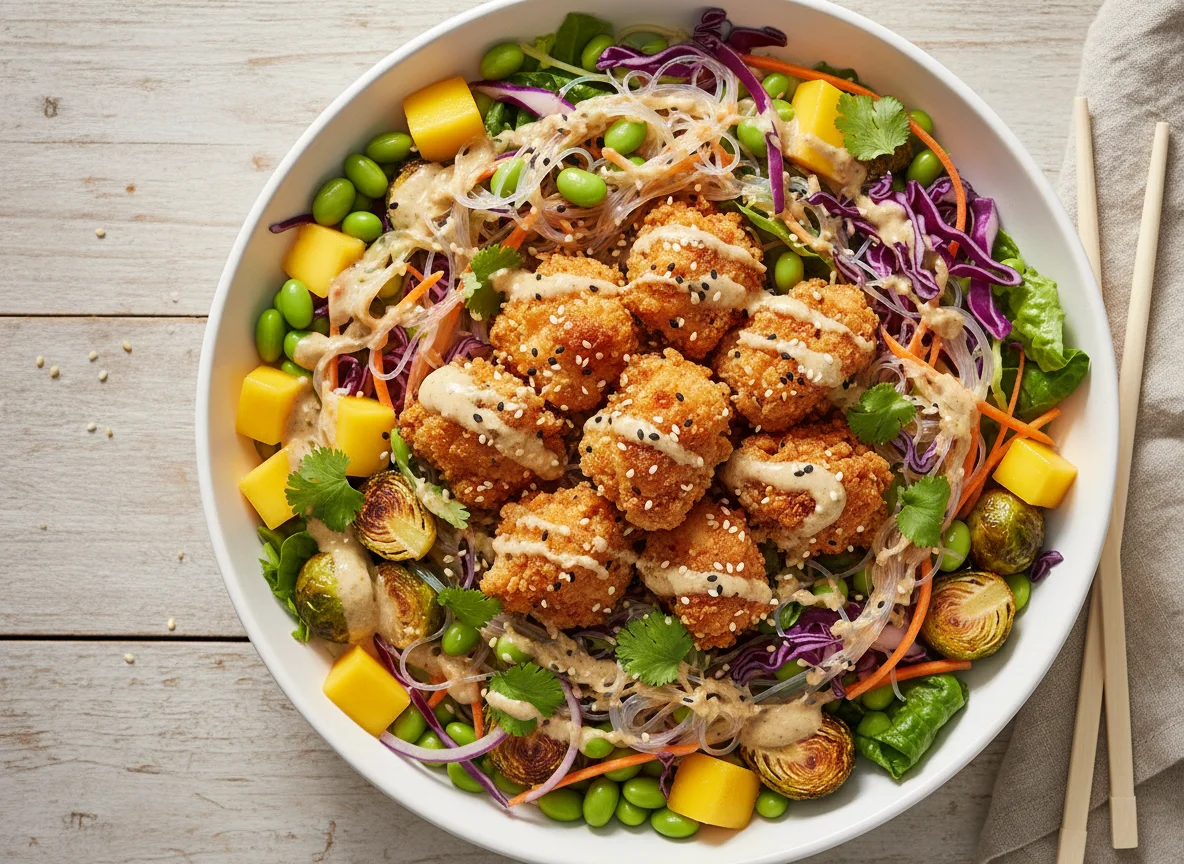 Asiatische Bowl mit knusprigem Hähnchen photo