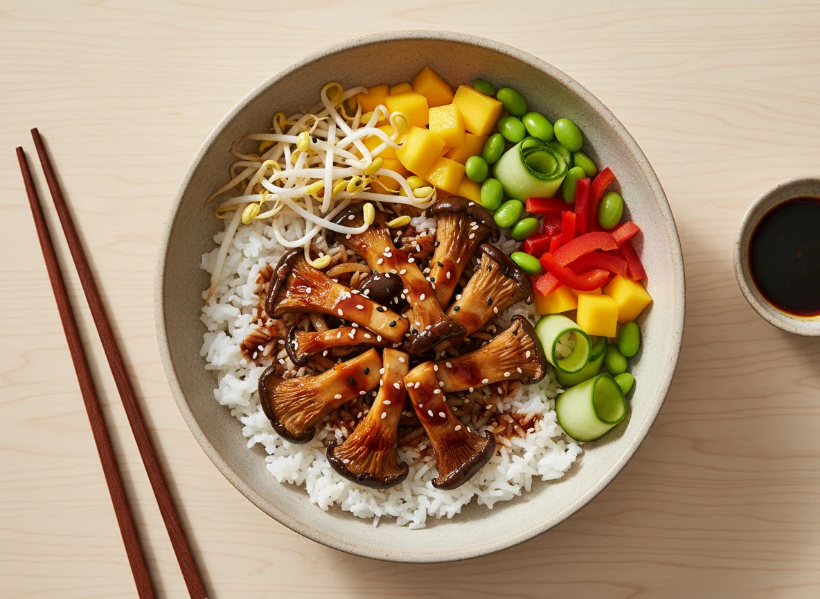 Asiatische Bowl mit Reis und Pilzen photo