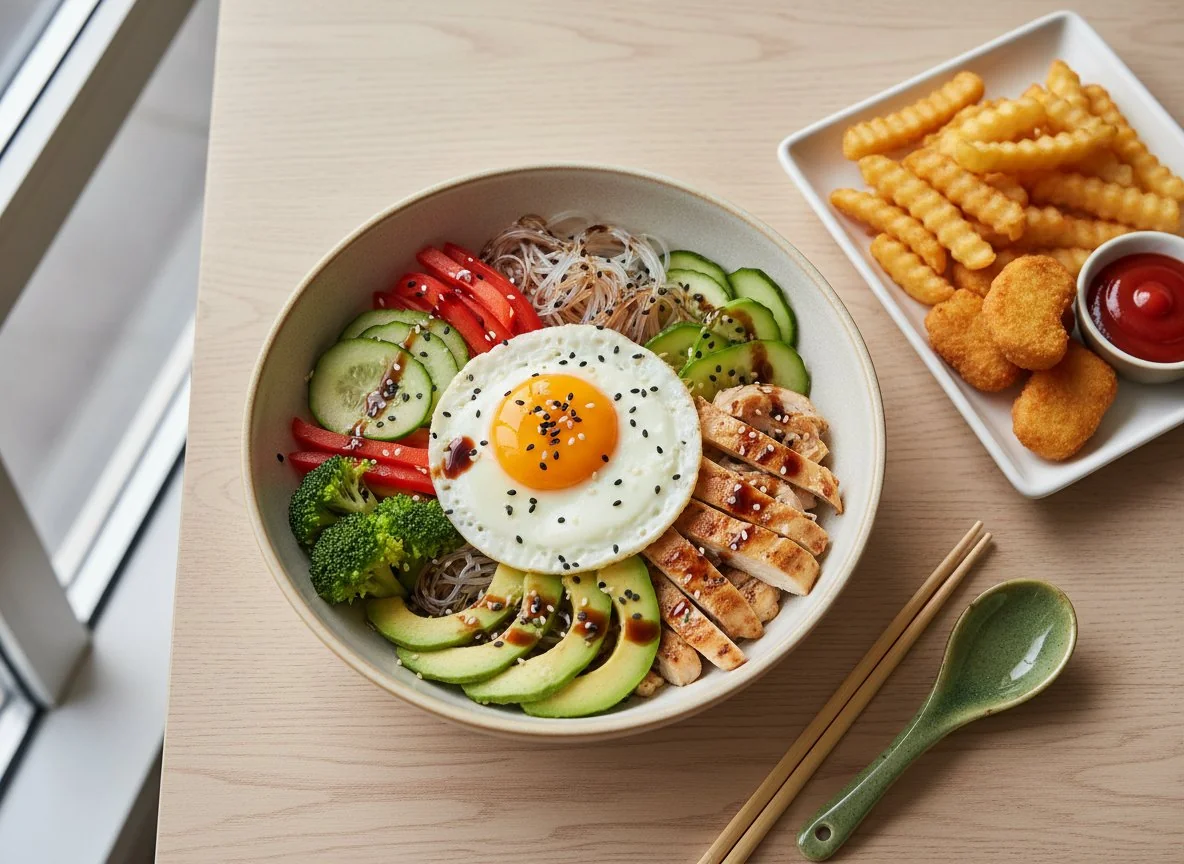 Asiatische Bowl mit Spiegelei und Hähnchen, dazu Pommes und Chicken Nuggets photo
