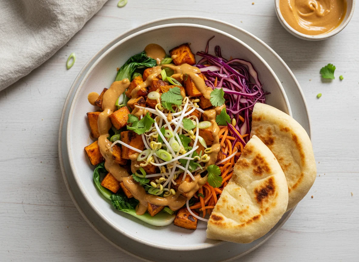 Asiatische Bowl mit Süßkartoffel und Fladenbrot photo