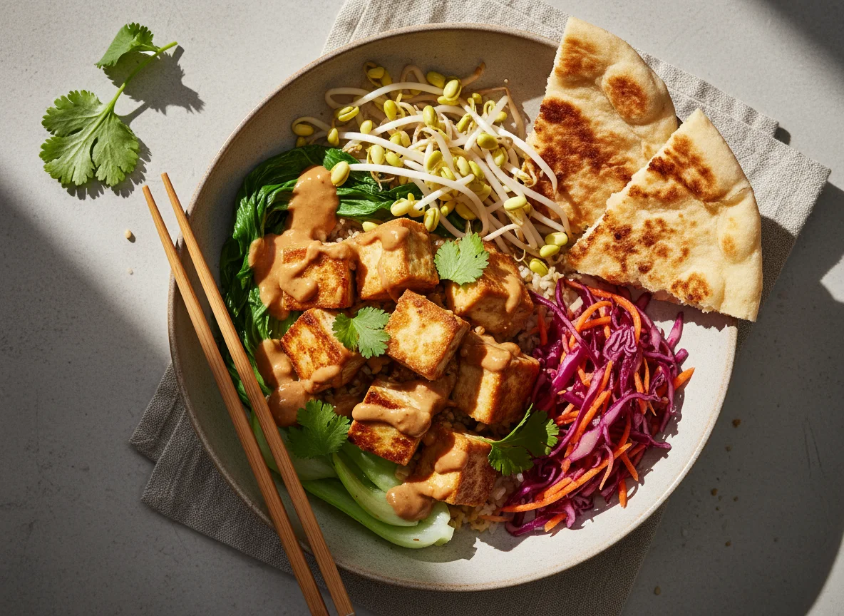 Asiatische Bowl mit Tofu und Erdnusssauce photo