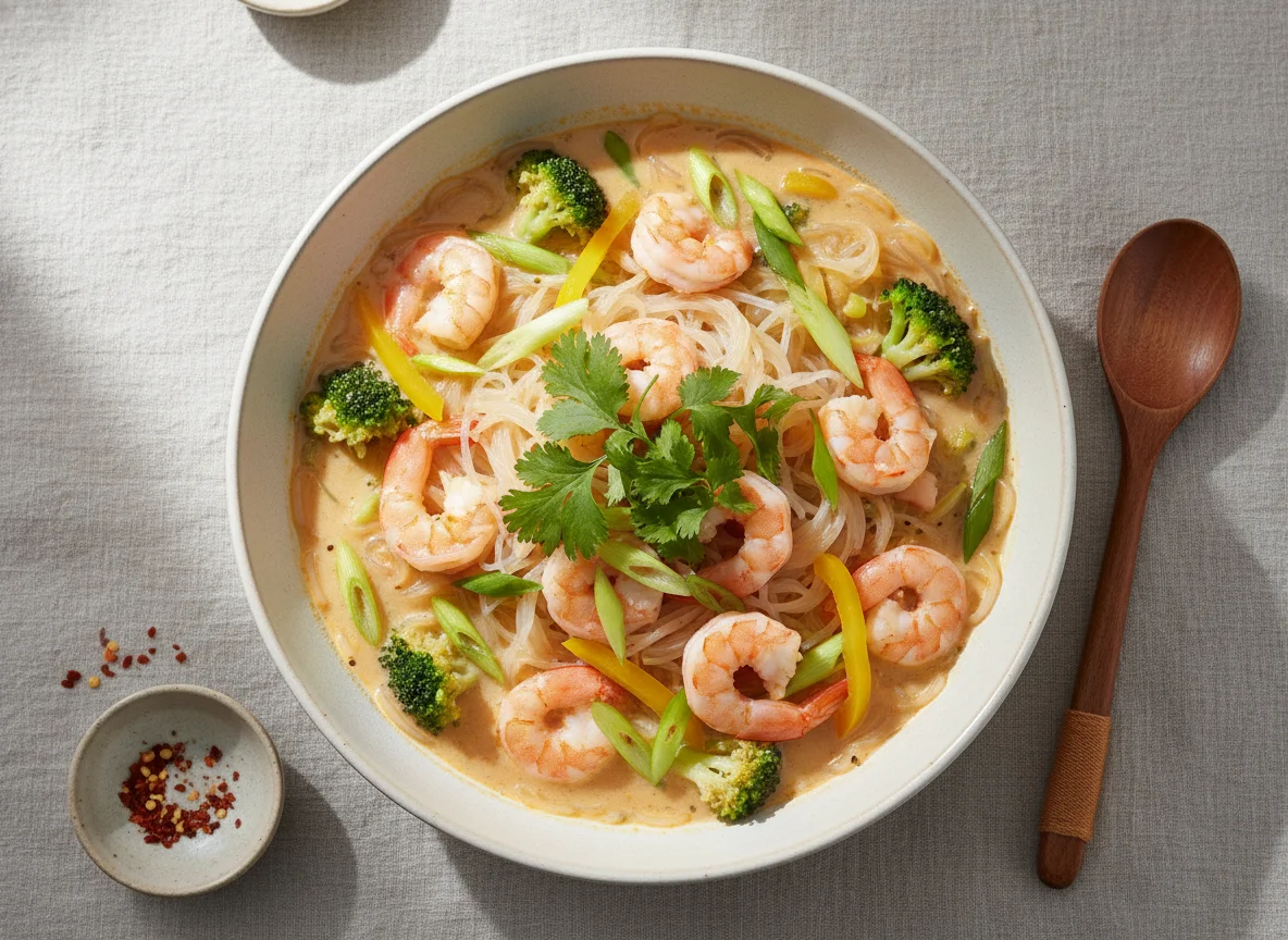 Asiatische Garnelen-Nudelsuppe mit Gemüse photo