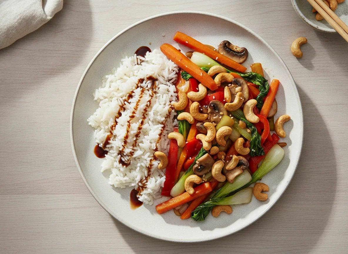Asiatische Gemüsepfanne mit Cashewkernen und Reis photo