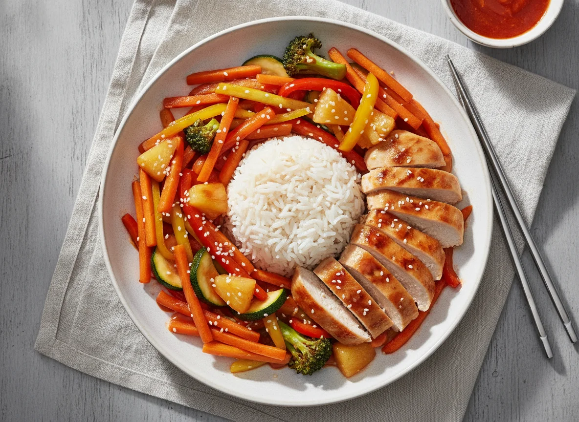 Asiatische Gemüsepfanne mit Hähnchen und Reis photo