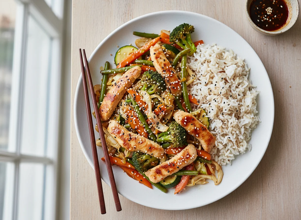 Asiatische Gemüsepfanne mit Hähnchen und Sesam photo