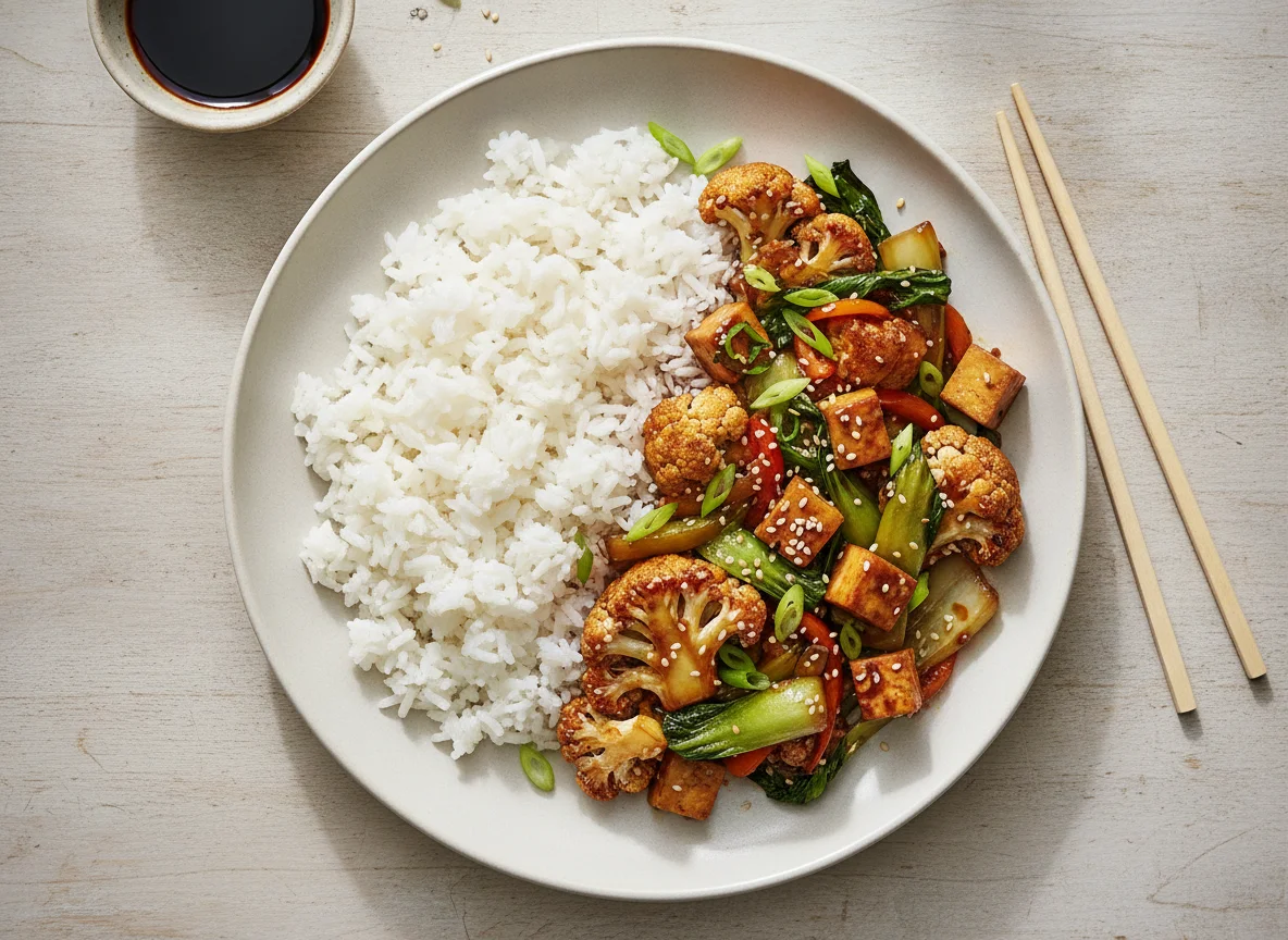 Asiatische Gemüsepfanne mit Reis photo