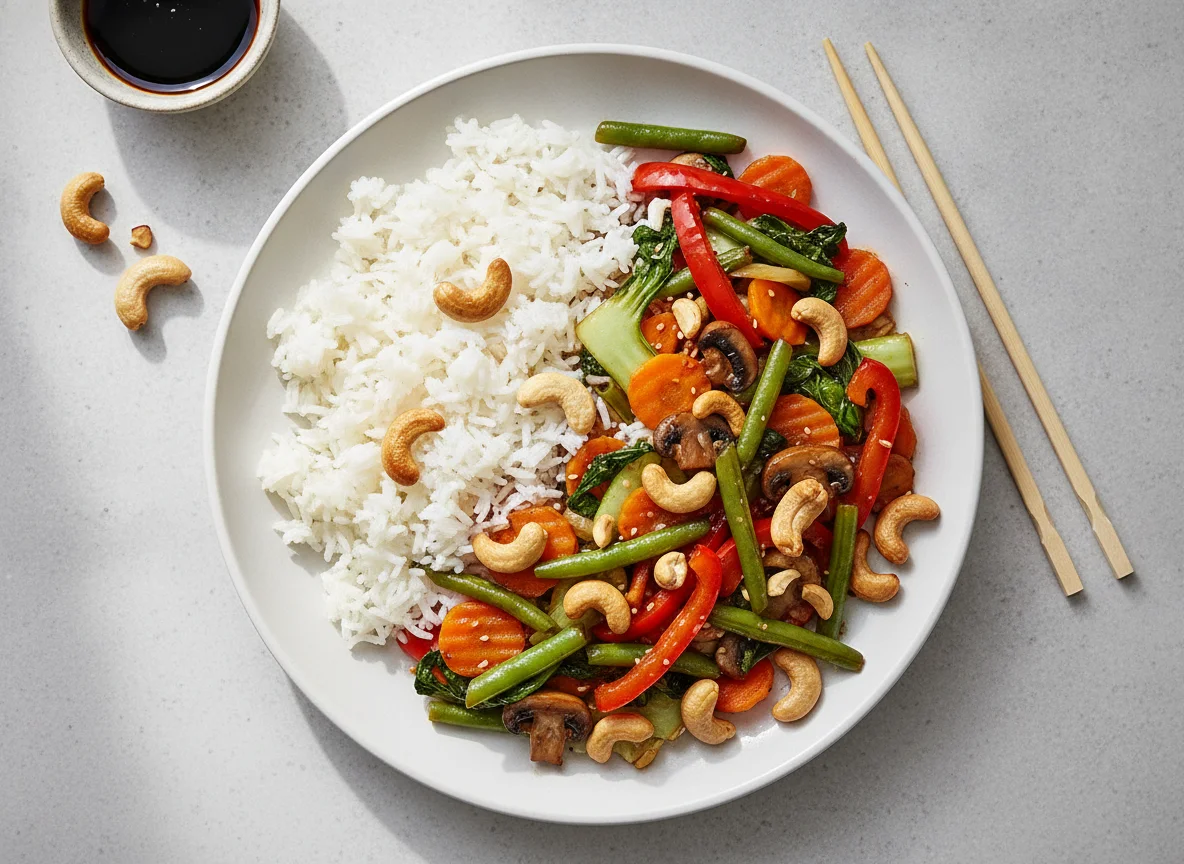 Asiatische Gemüsepfanne mit Reis und Cashewkernen photo