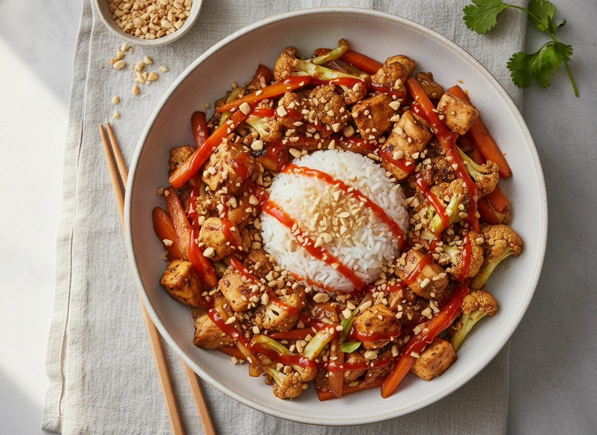 Asiatische Gemüsepfanne mit Reis und Erdnüssen photo