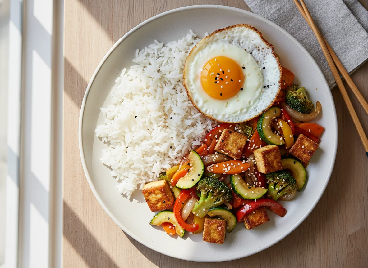 Asiatische Gemüsepfanne mit Tofu, Reis und Spiegelei photo