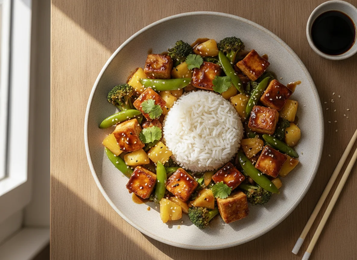 Asiatische Gemüsepfanne mit Tofu und Reis photo