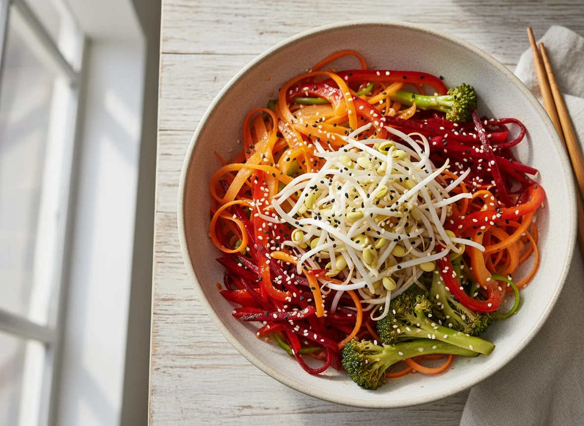 Asiatische Gemüseschale mit Sprossen und Sesam photo