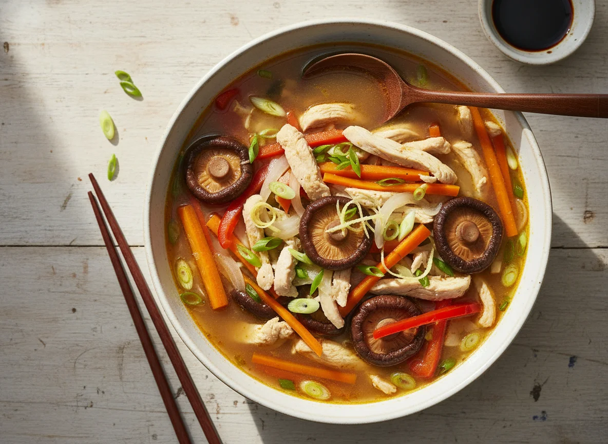Asiatische Gemüsesuppe mit Huhn und Pilzen photo