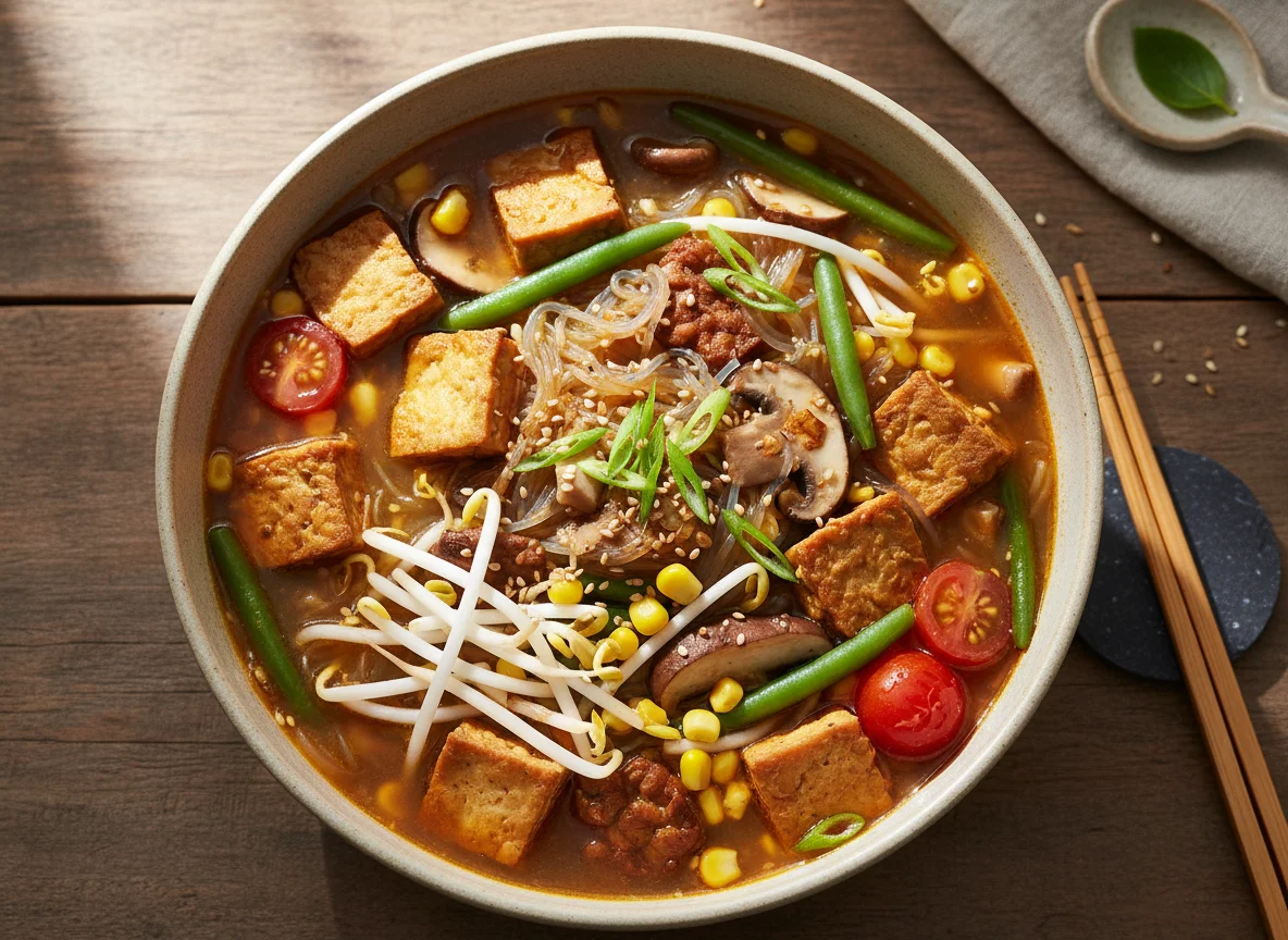 Asiatische Gemüsesuppe mit Tofu und Tempeh photo