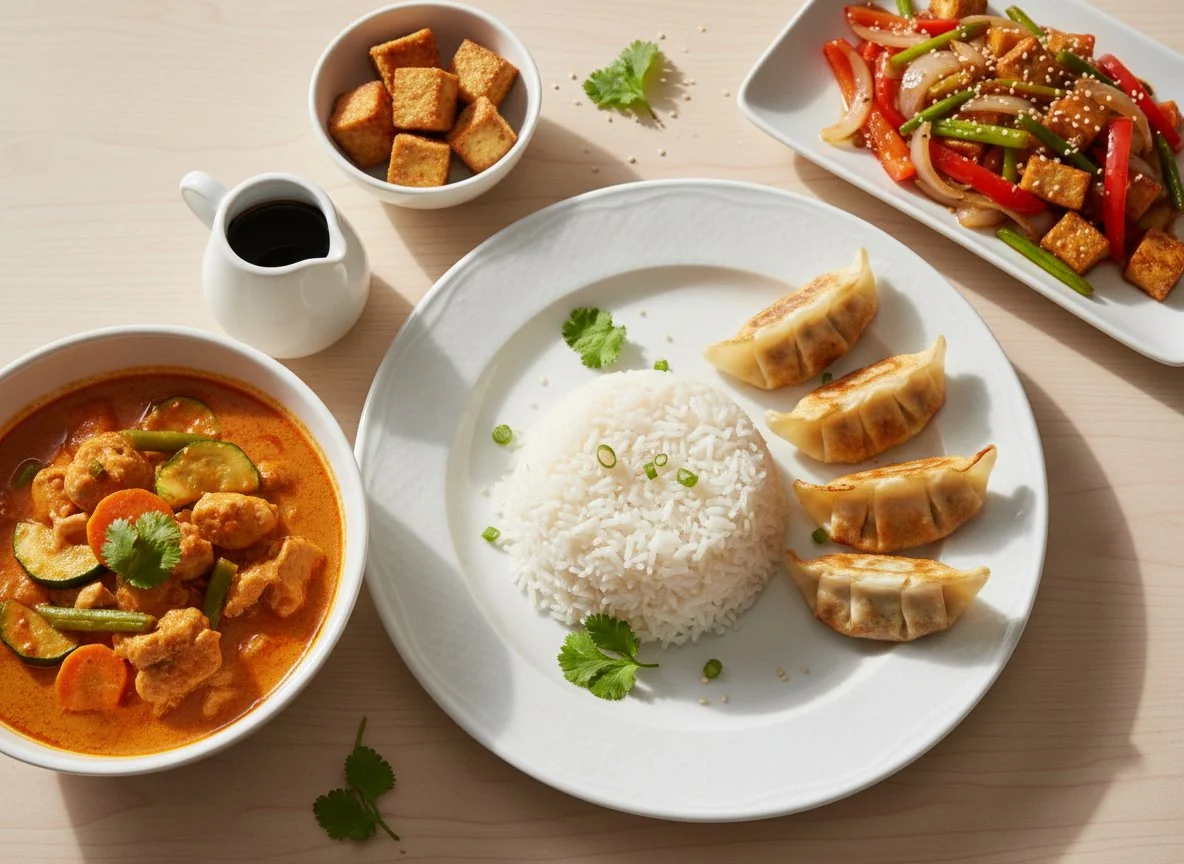 Asiatische Gerichte mit Reis und Beilagen photo