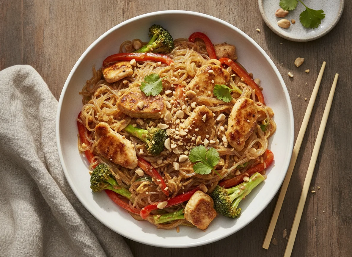 Asiatische Glasnudelpfanne mit Hähnchen und Gemüse photo
