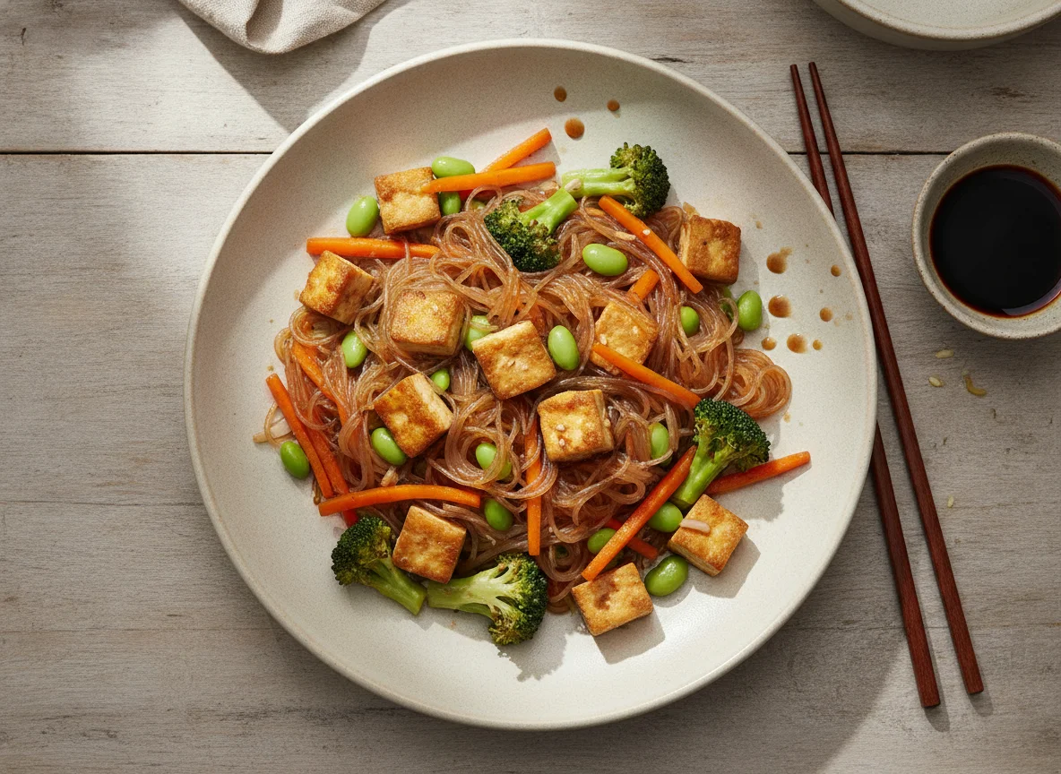 Asiatische Glasnudelpfanne mit Tofu und Gemüse photo