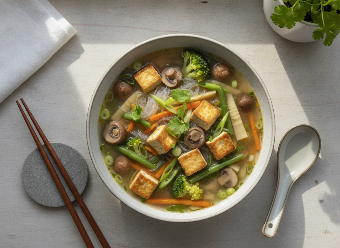 Asiatische Glasnudelsuppe mit Tofu und Gemüse photo