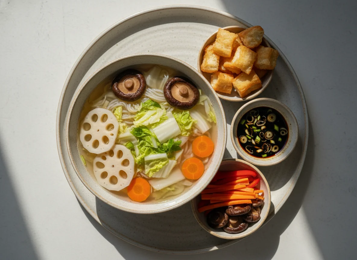 Asiatische Mahlzeit mit Suppe und Beilagen photo