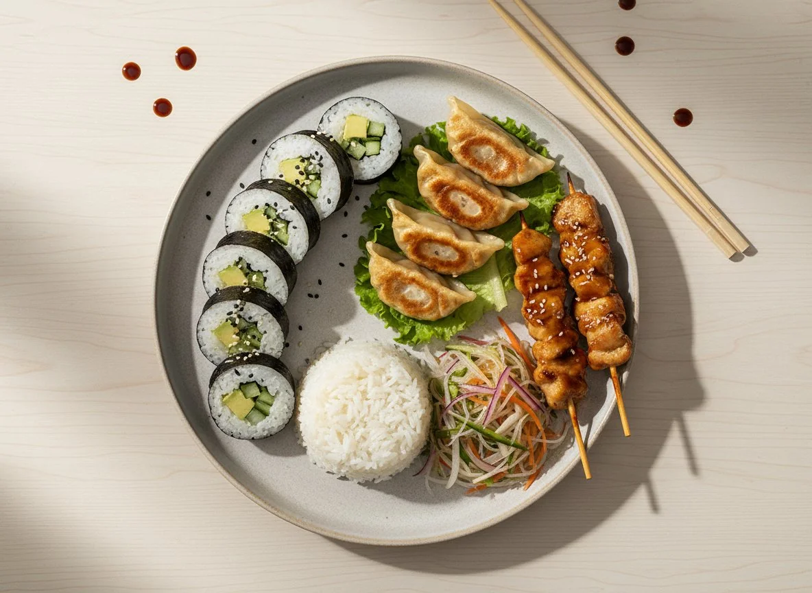 Asiatische Mahlzeit mit Sushi, Gyoza und Reis photo